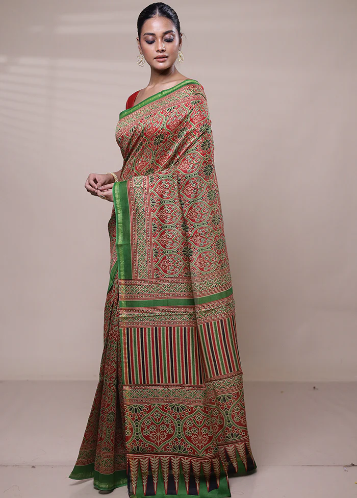 Red Chanderi Cotton Saree With Blouse Piece - Image 4