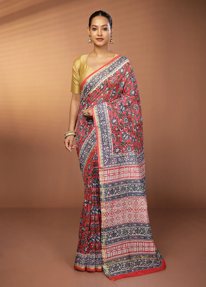Red Chanderi Cotton Saree With Blouse Piece - Image 2