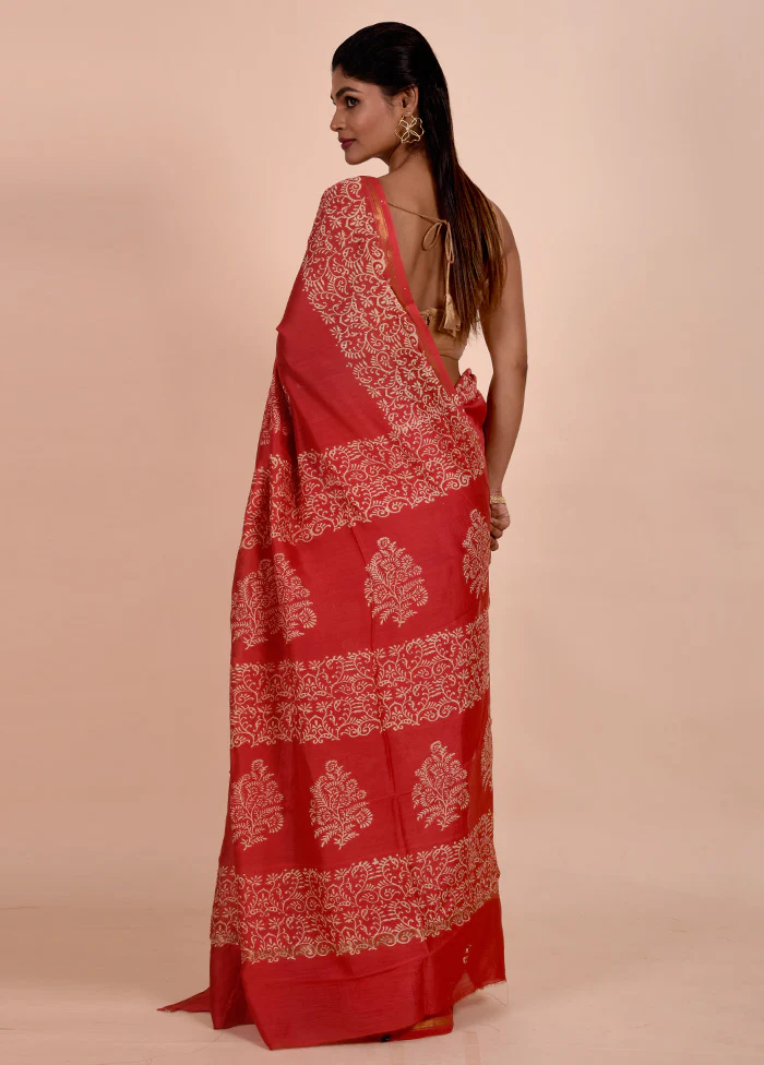 Red Chanderi Cotton Saree With Blouse Piece - Image 3