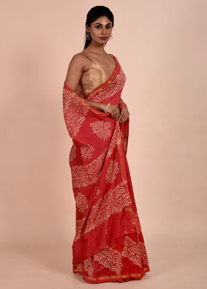Red Chanderi Cotton Saree With Blouse Piece - Image 4