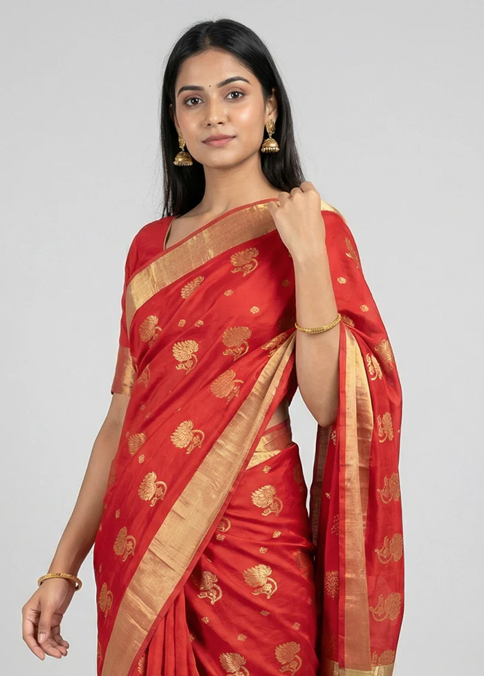 Red Chanderi Silk Saree With Blouse Piece - Image 2