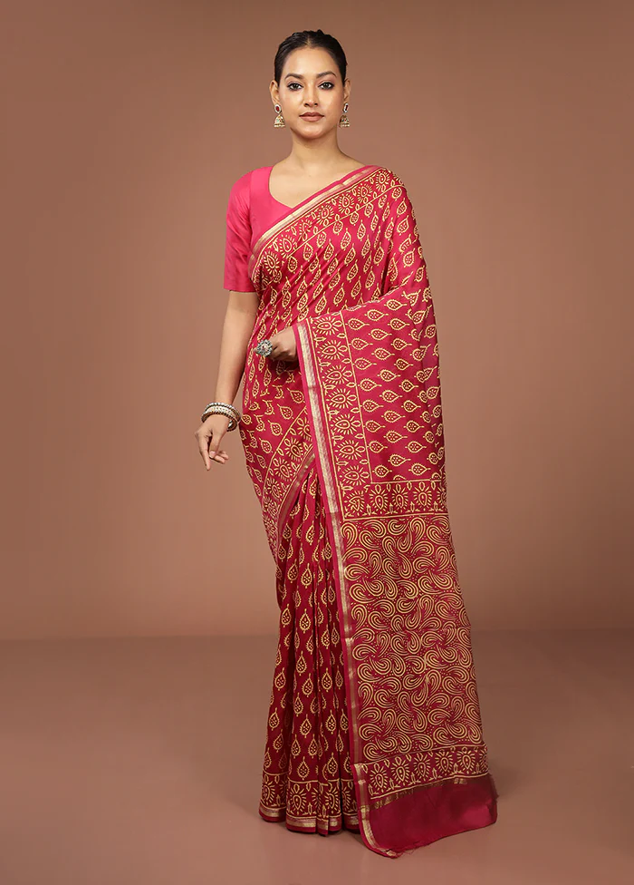 Red Chanderi Silk Saree With Blouse Piece - Image 2