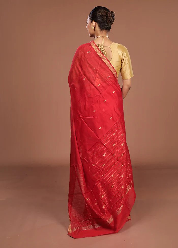 Red Chanderi Silk Saree With Blouse Piece - Image 3
