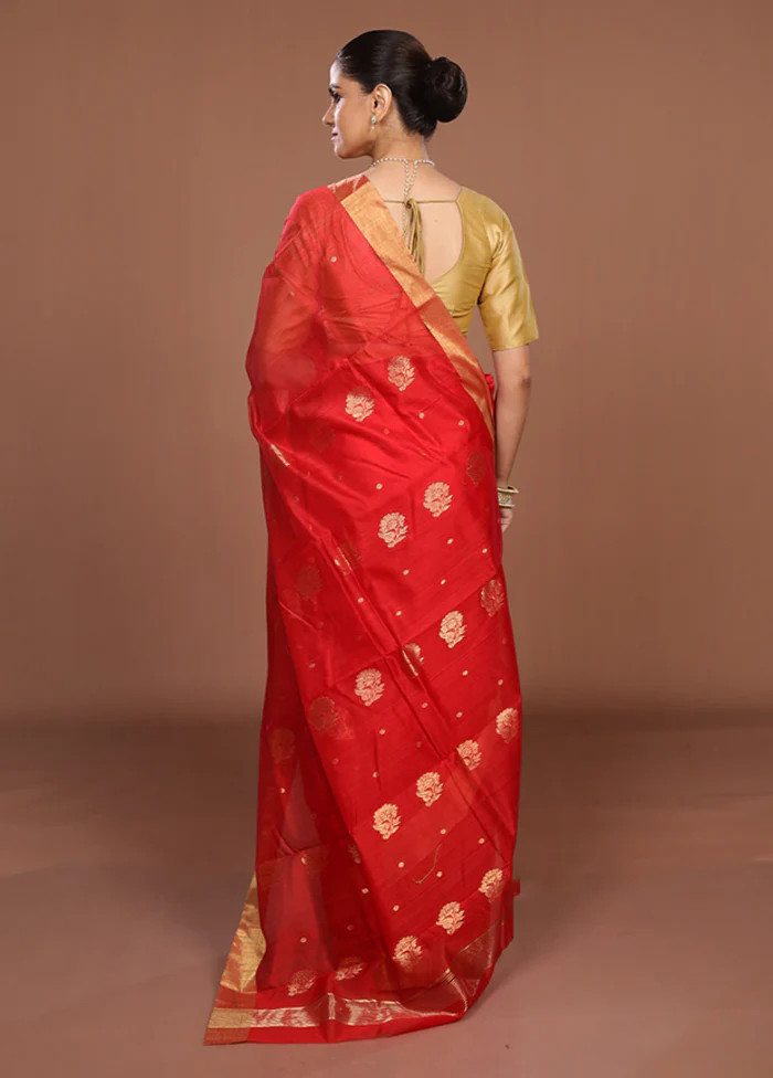Red Chanderi Silk Saree With Blouse Piece - Image 3