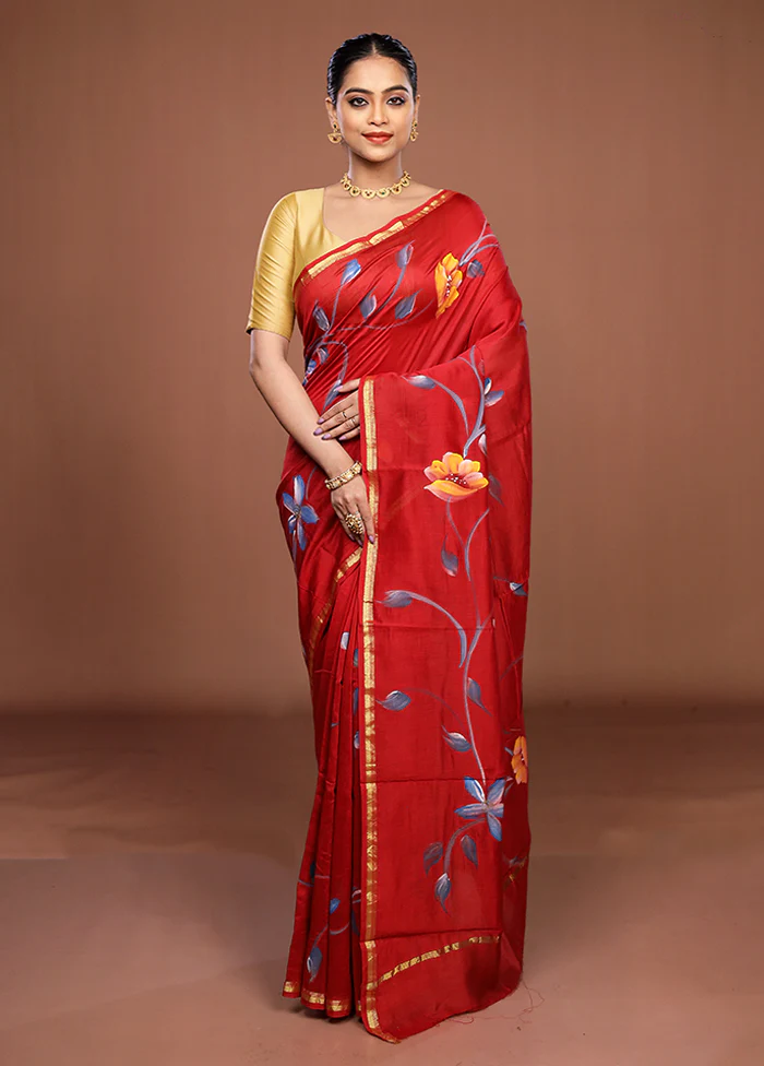 Red Chanderi Silk Saree With Blouse Piece - Image 2