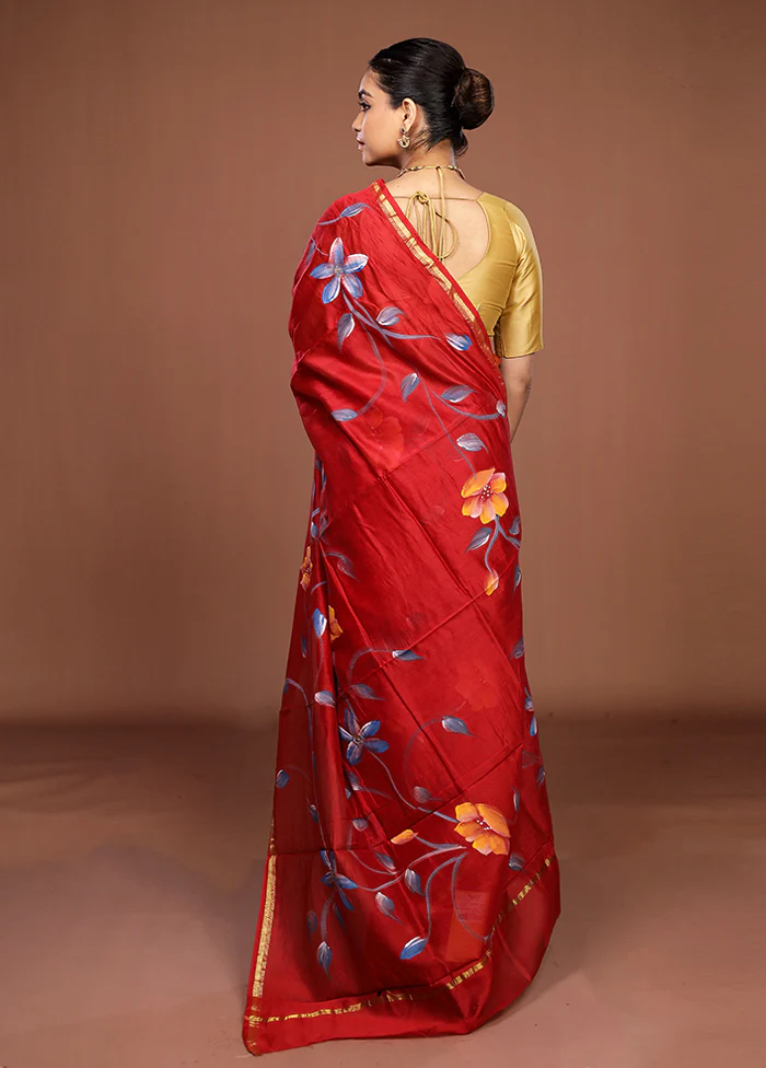 Red Chanderi Silk Saree With Blouse Piece - Image 3