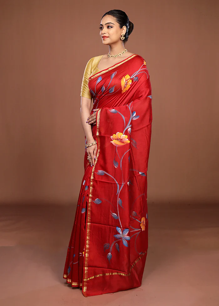 Red Chanderi Silk Saree With Blouse Piece - Image 4