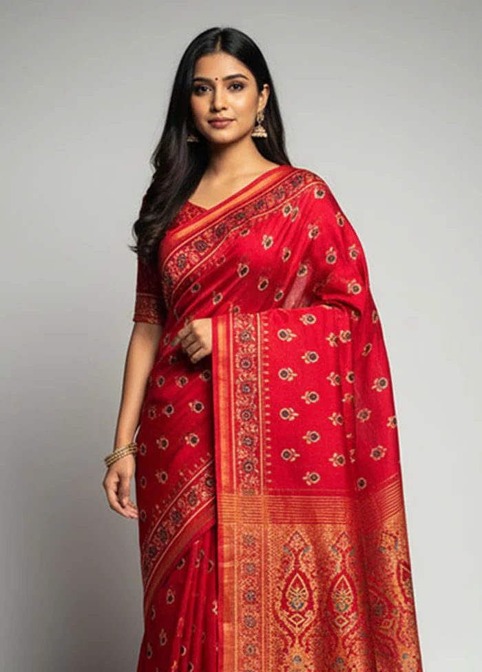Red Chanderi Silk Saree With Blouse Piece - Image 2