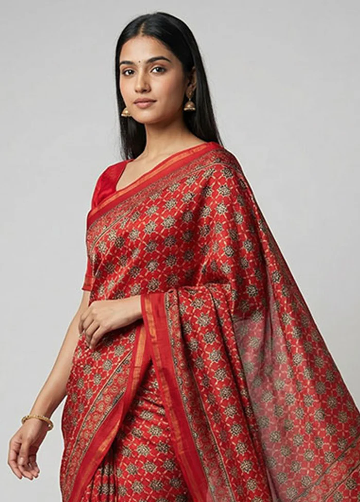 Red Chanderi Silk Saree With Blouse Piece - Image 2
