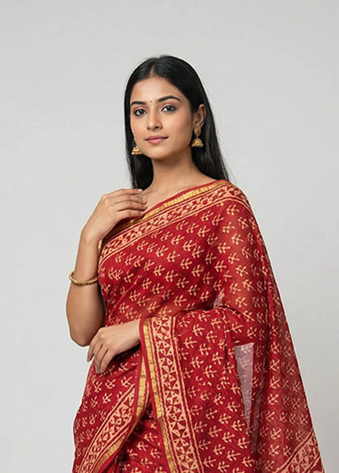 Red Chanderi Silk Saree With Blouse Piece - Image 2