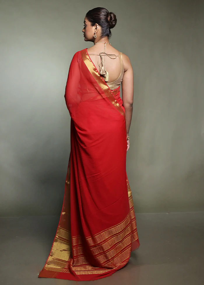 Red Chiffon Silk Saree With Blouse Piece - Image 3