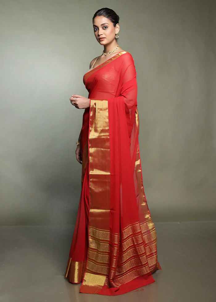 Red Chiffon Silk Saree With Blouse Piece - Image 4