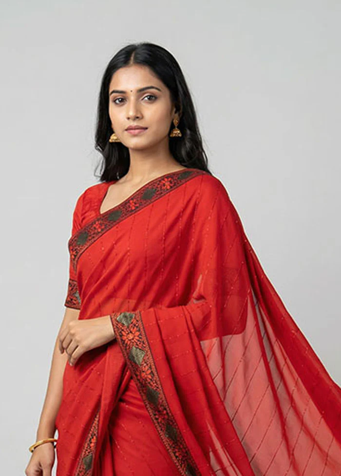 Red Chiffon Silk Saree With Blouse Piece - Image 2