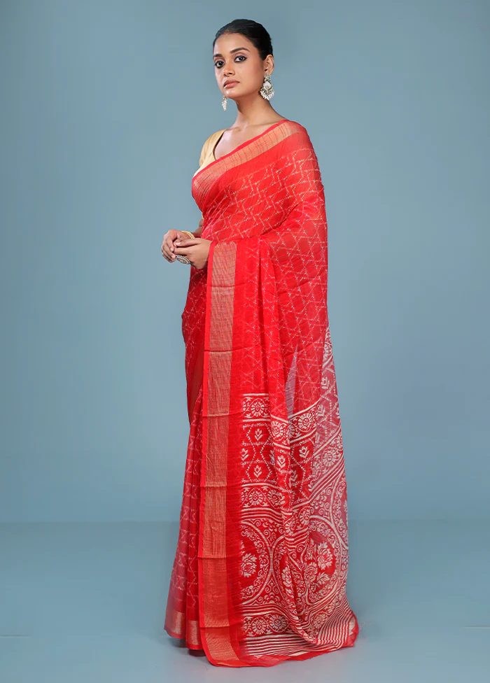 Red Chiffon Silk Saree With Blouse Piece - Image 4