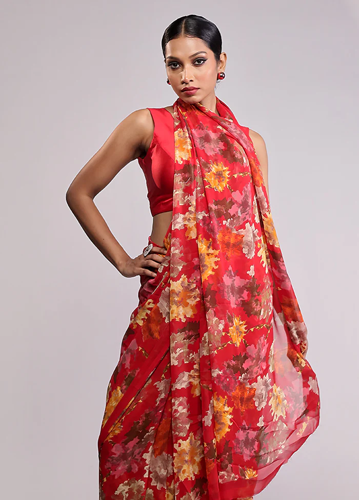 Red Chiffon Silk Saree With Blouse Piece