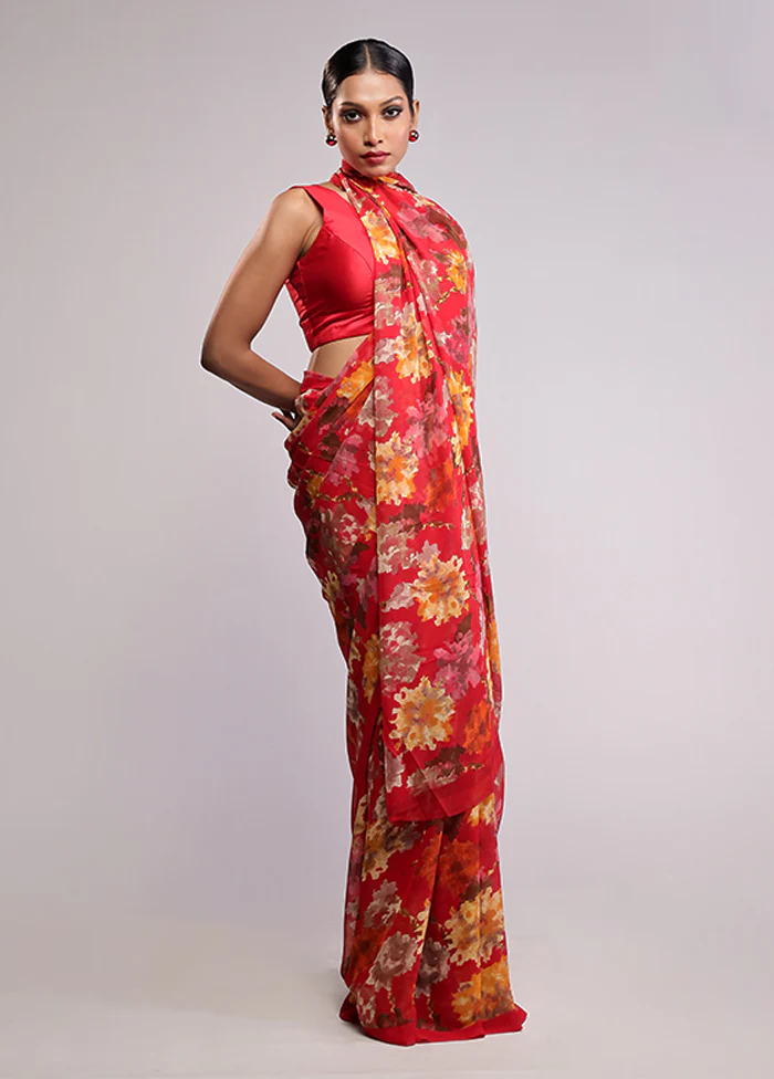 Red Chiffon Silk Saree With Blouse Piece - Image 2