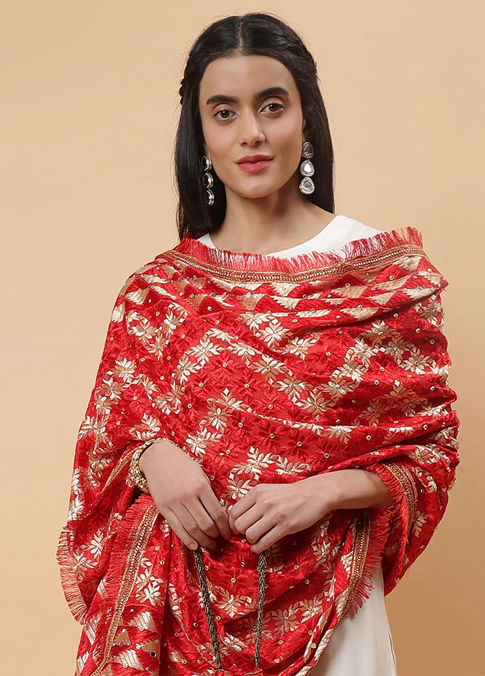 Red Chinon Phulkari Work Dupatta - Image 2