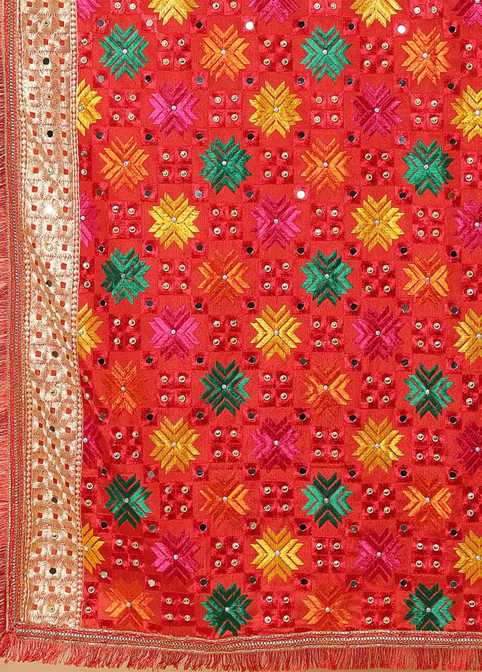 Red Chinon Phulkari Work Dupatta - Image 3