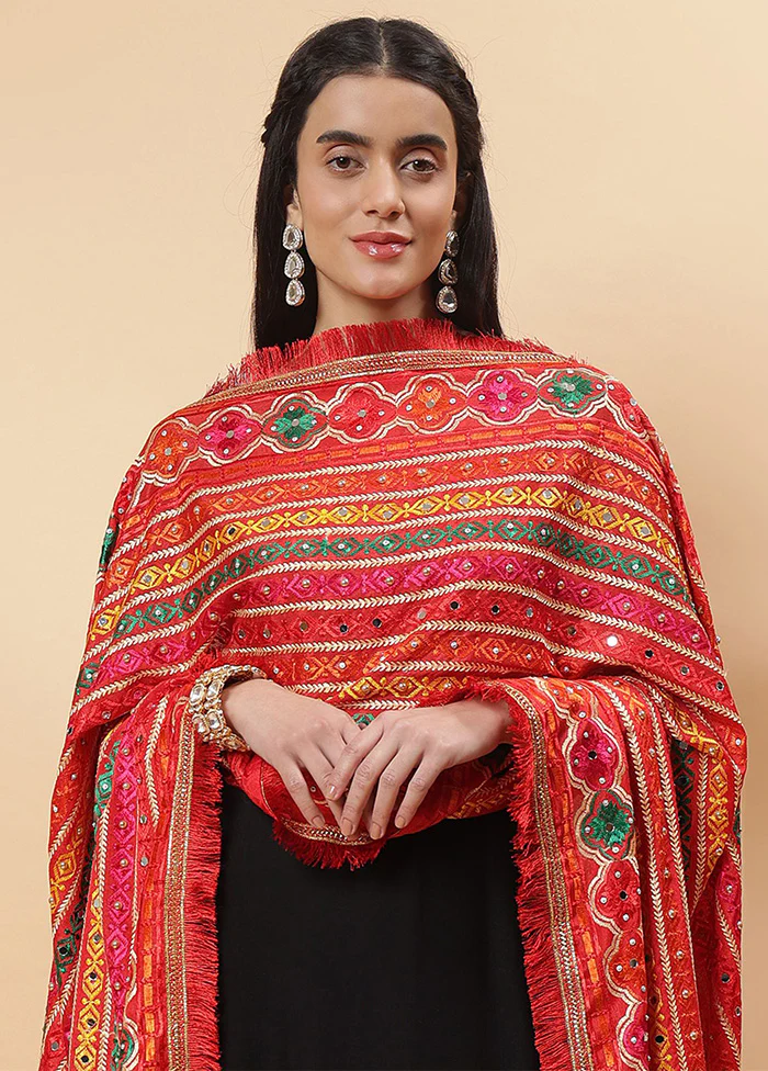 Red Chinon Phulkari Work Dupatta - Image 2