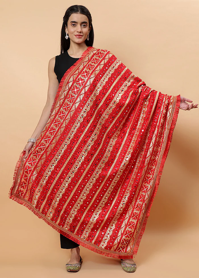 Red Chinon Phulkari Work Dupatta