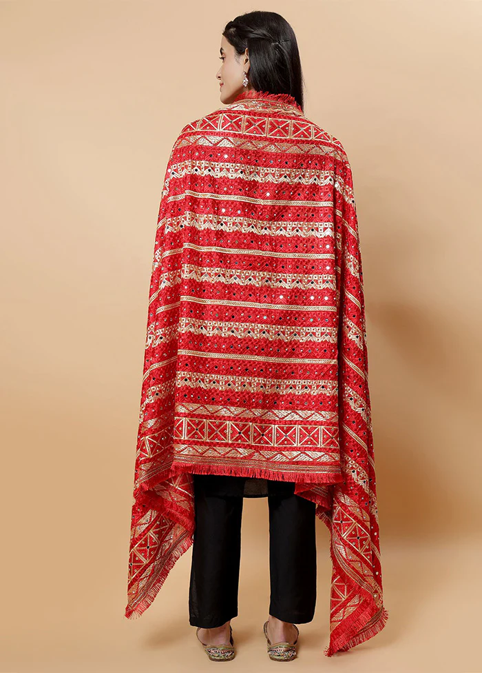 Red Chinon Phulkari Work Dupatta - Image 2