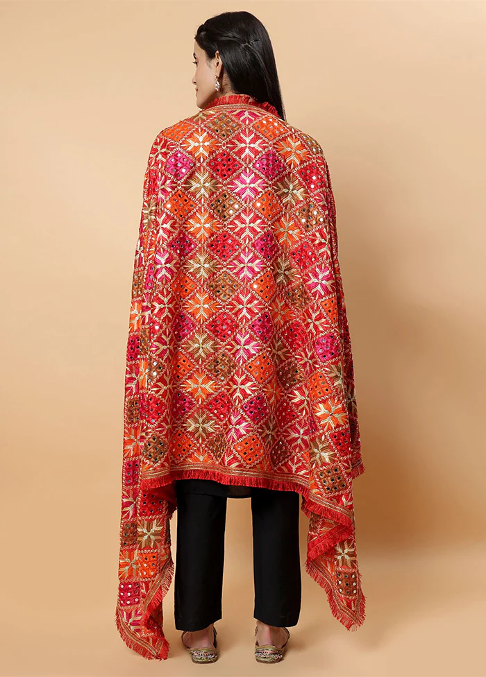 Red Chinon Phulkari Work Dupatta - Image 2