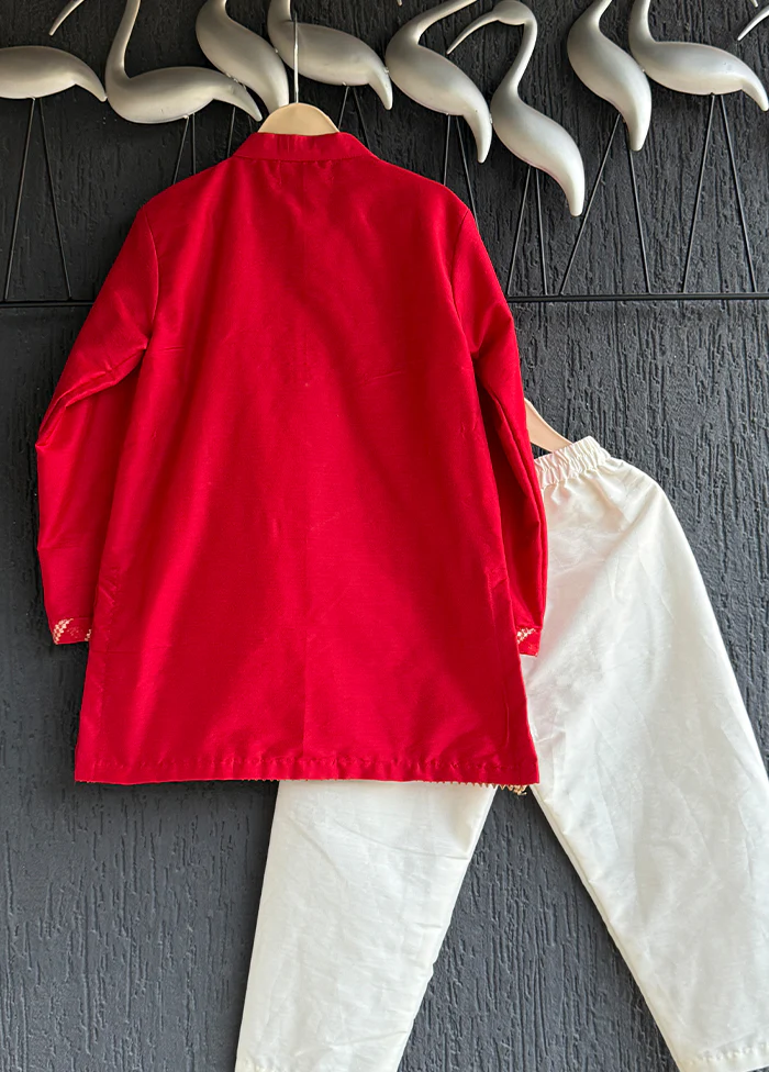 Red cotton Kurta & Pajama Set - Image 3