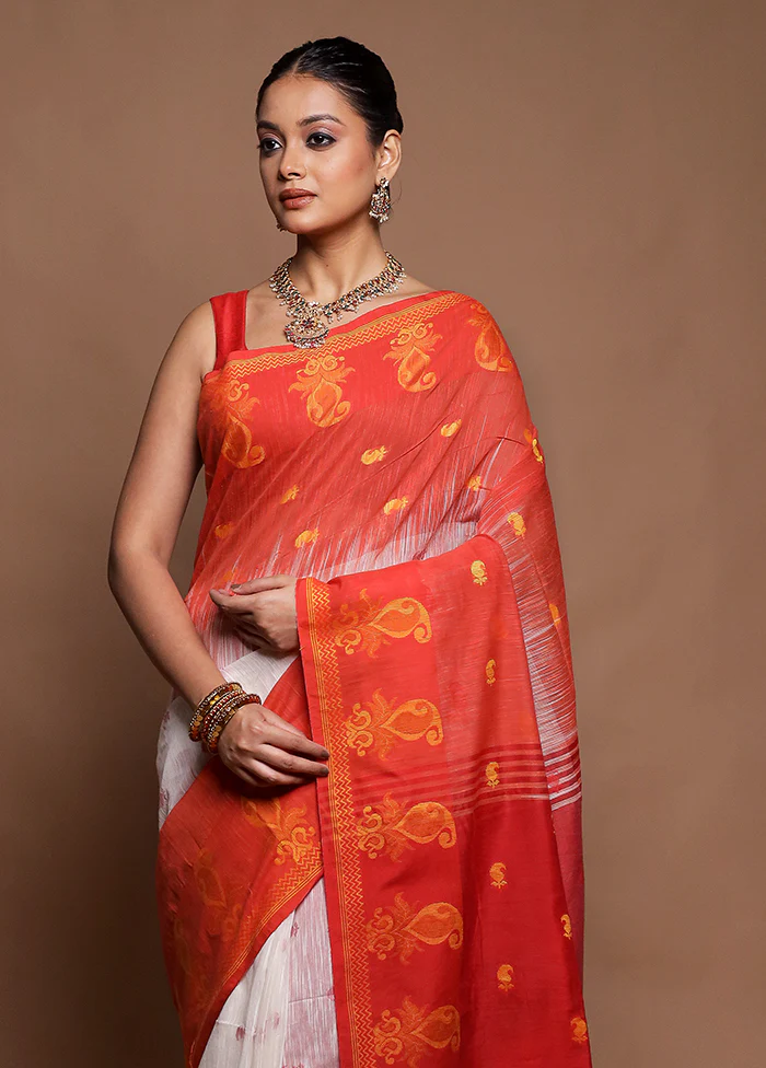 Red Cotton Saree With Blouse Piece - Image 2