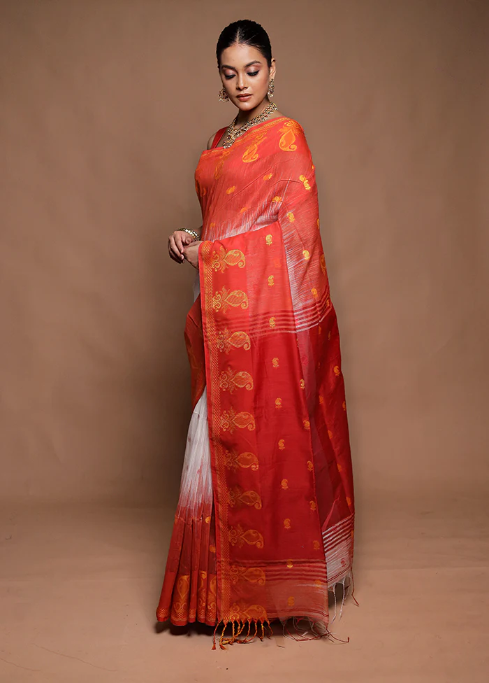 Red Cotton Saree With Blouse Piece - Image 4
