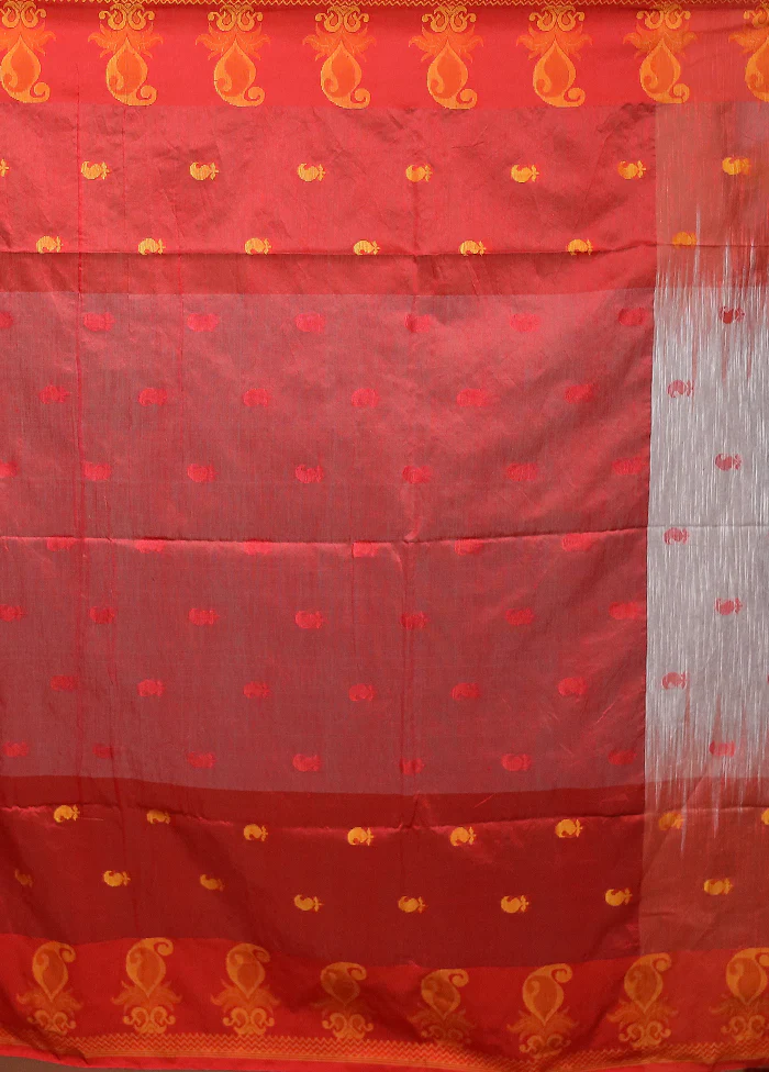 Red Cotton Saree With Blouse Piece - Image 5