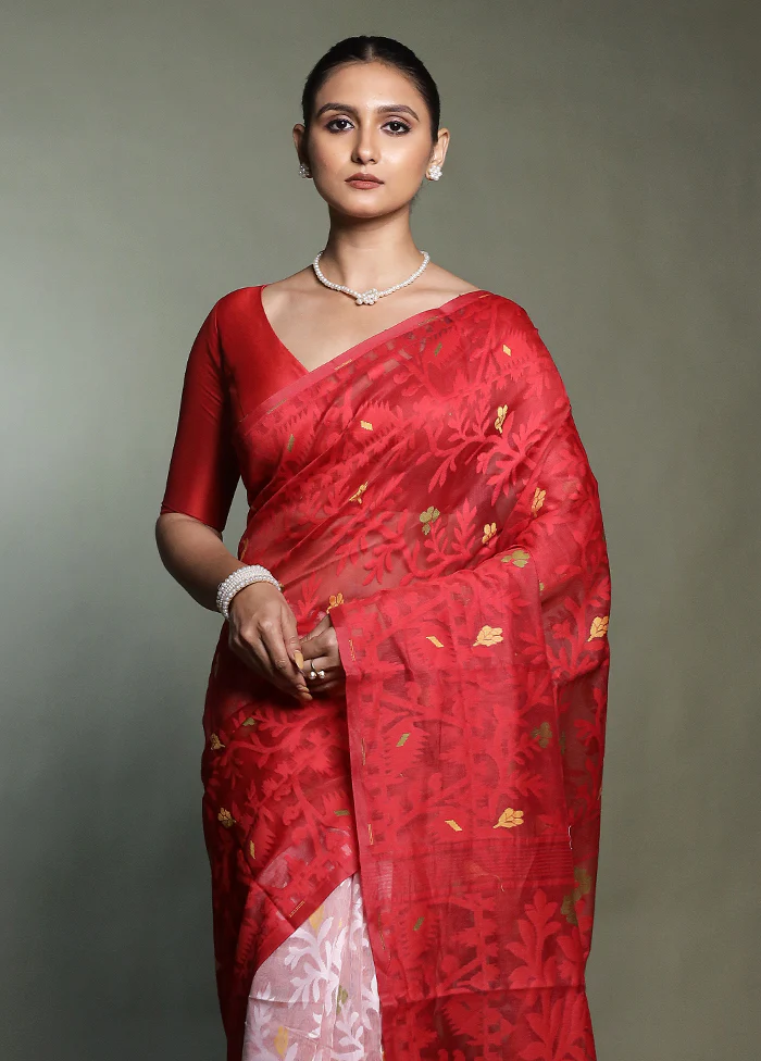 Red Cotton Saree With Blouse Piece