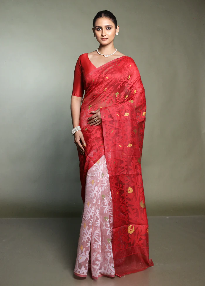Red Cotton Saree With Blouse Piece - Image 2