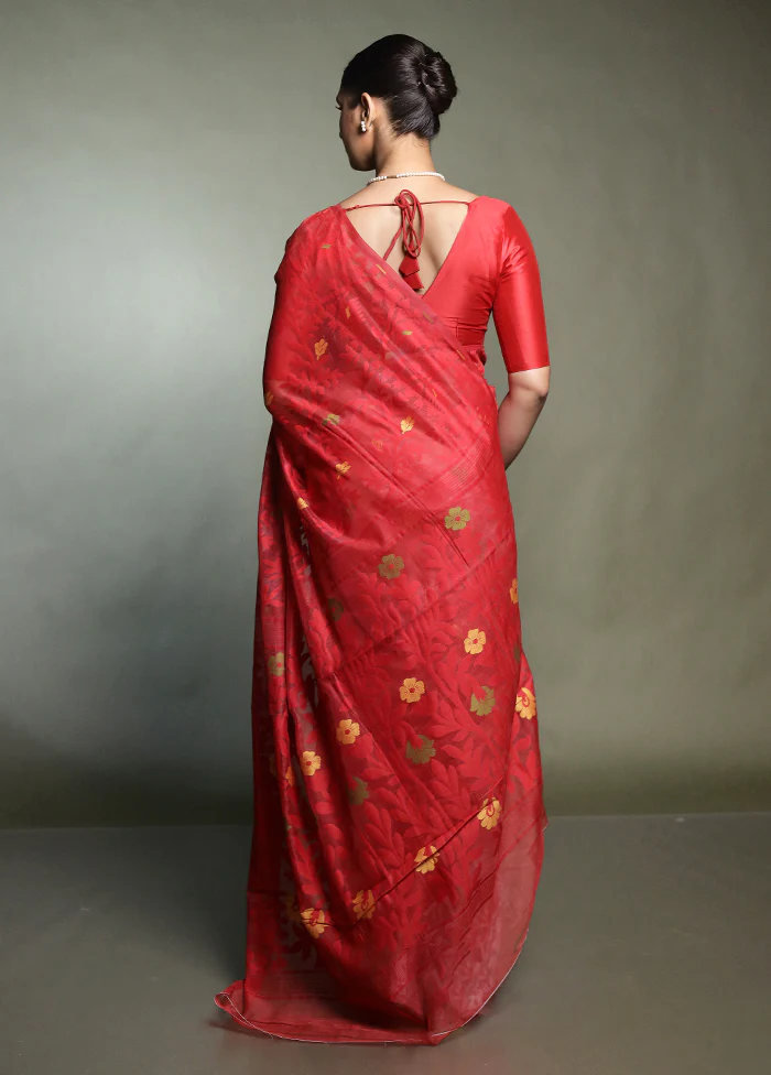 Red Cotton Saree With Blouse Piece - Image 3
