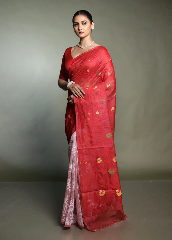 Red Cotton Saree With Blouse Piece - Image 4