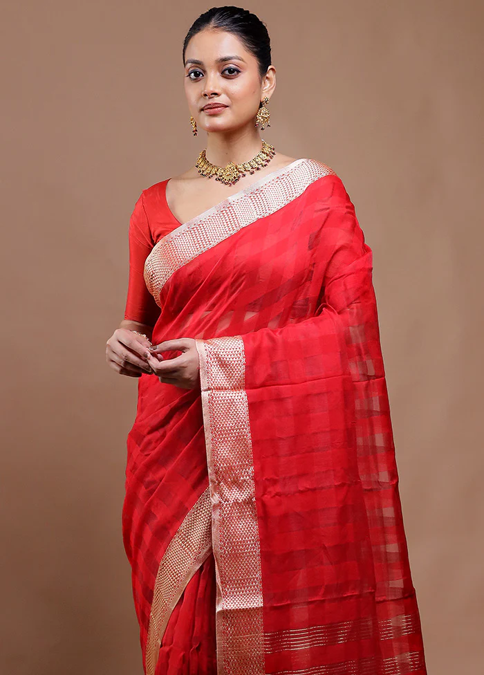 Red Cotton Saree With Blouse Piece - Image 2