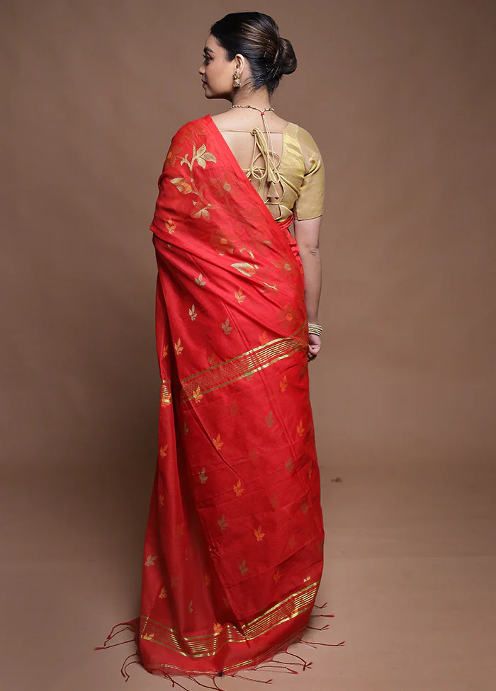 Red Cotton Saree With Blouse Piece - Image 3