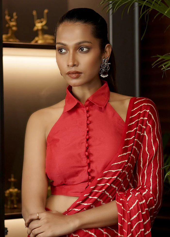 Red Cotton Silk Designer Blouse - Image 3