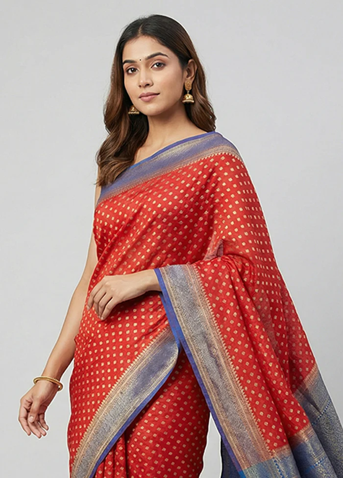 Red Dupion Silk Saree With Blouse Piece - Image 2