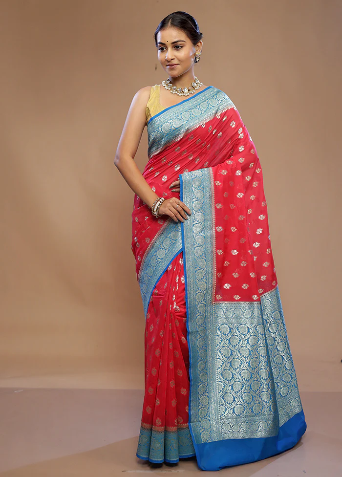 Red Dupion Silk Saree With Blouse Piece - Image 2