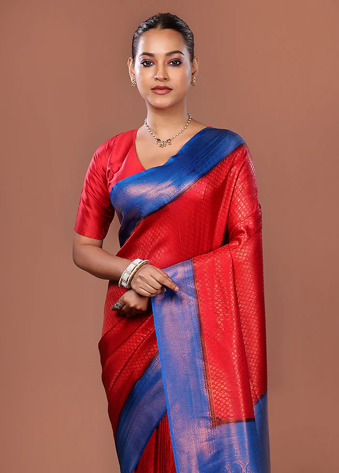 Red Dupion Silk Saree With Blouse Piece