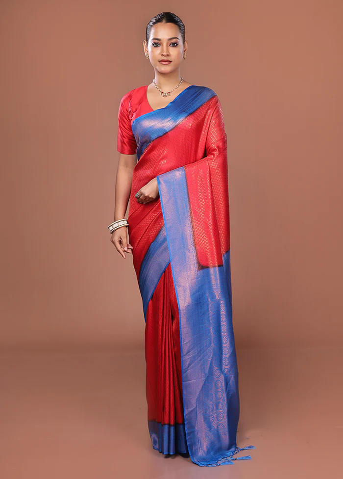 Red Dupion Silk Saree With Blouse Piece - Image 2