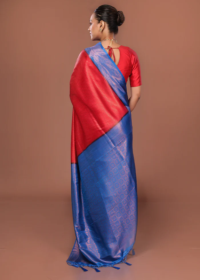 Red Dupion Silk Saree With Blouse Piece - Image 3