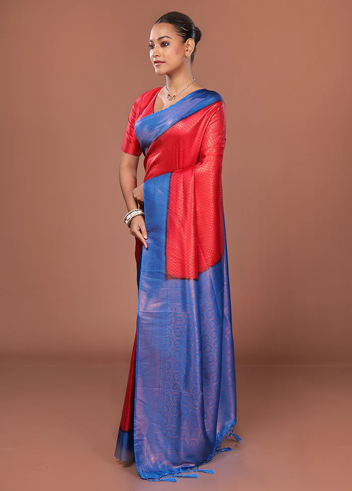 Red Dupion Silk Saree With Blouse Piece - Image 4