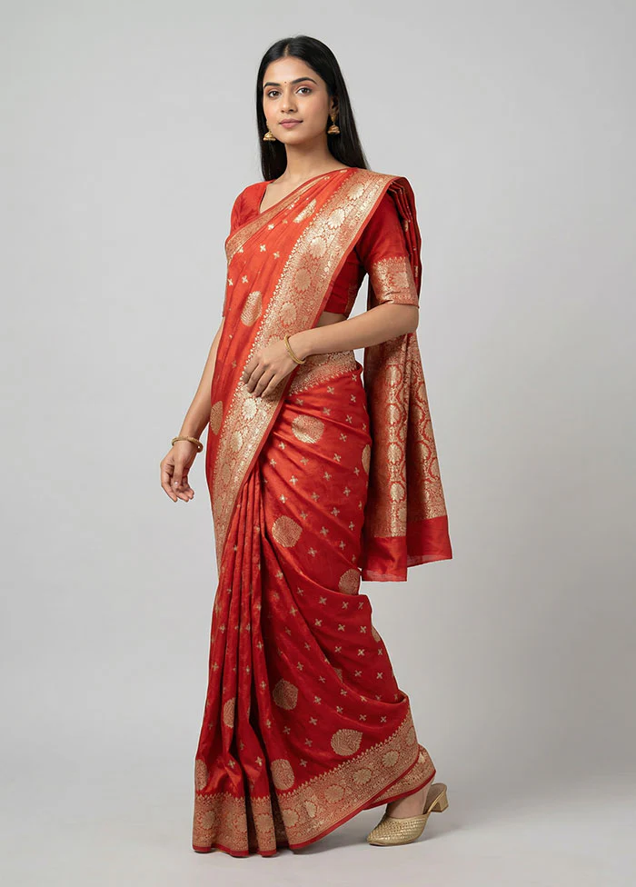 Red Dupion Silk Saree With Blouse Piece
