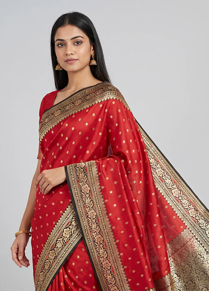 Red Dupion Silk Saree With Blouse Piece - Image 2
