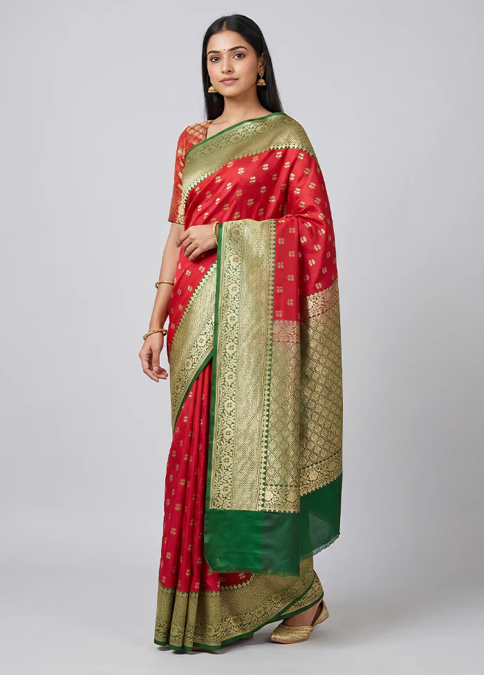 Red Dupion Silk Saree With Blouse Piece