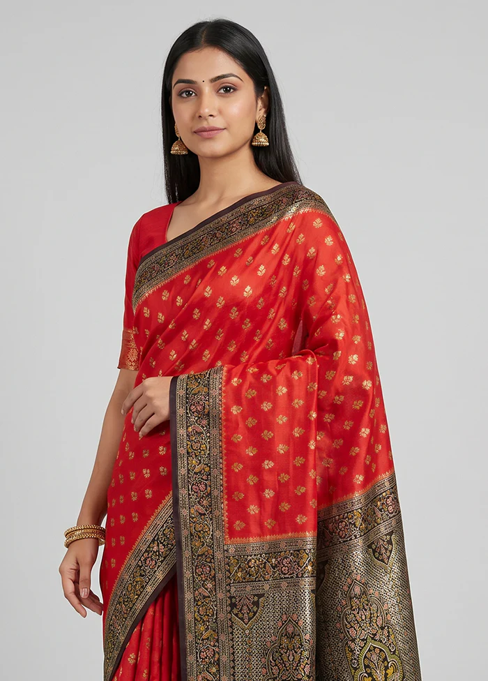Red Dupion Silk Saree With Blouse Piece - Image 2