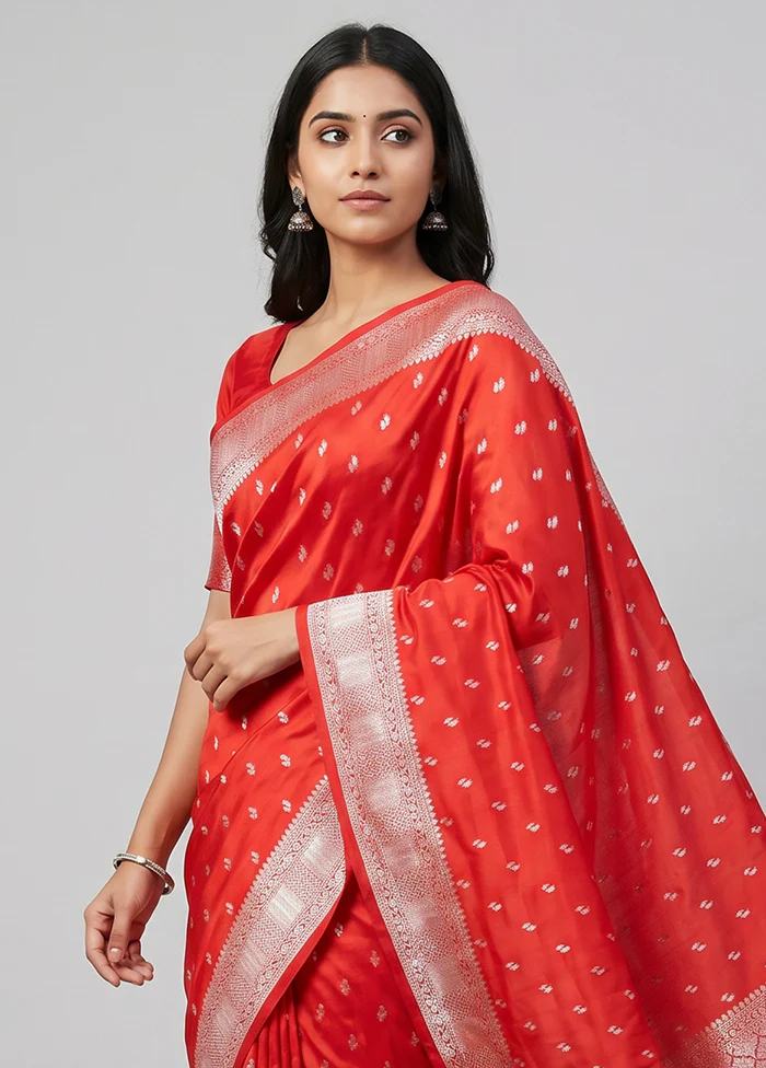 Red Dupion Silk Saree With Blouse Piece - Image 2