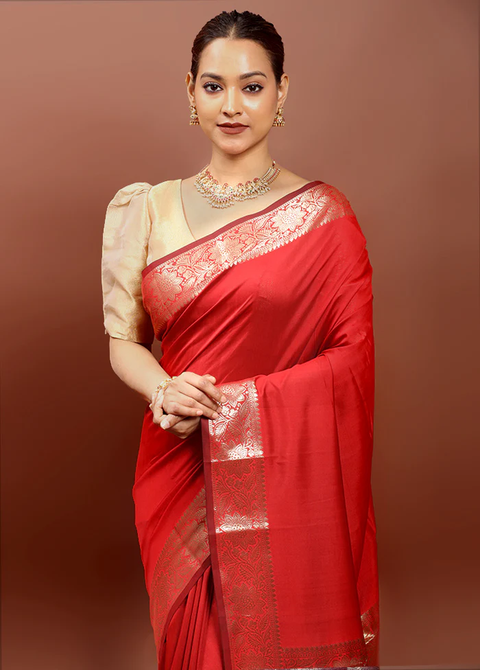 Red Dupion Silk Saree With Blouse Piece - Image 2