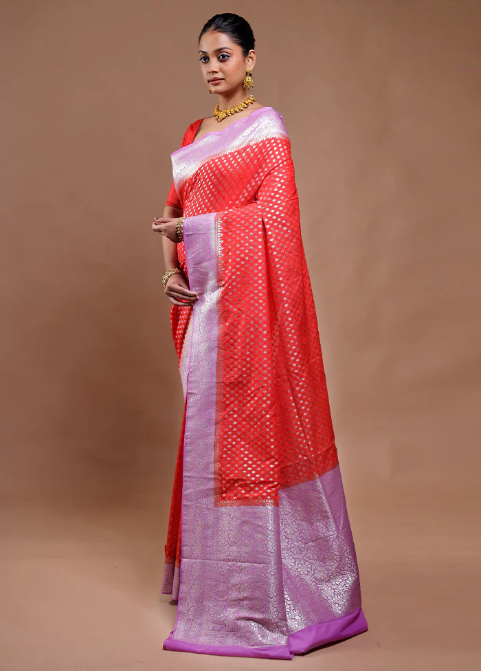 Red Dupion Silk Saree With Blouse Piece - Image 3